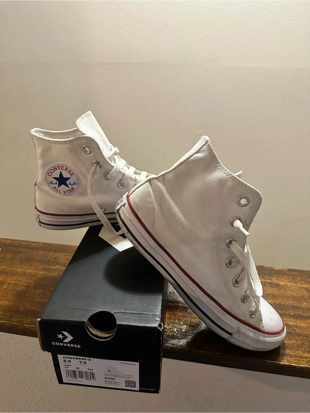 Converse White High Top' Sneakers with Red Stripe